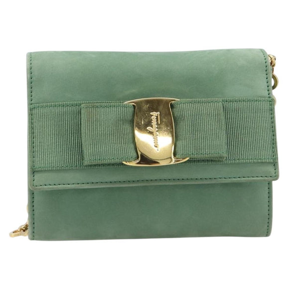 Salvatore Ferragamo Chain Shoulder Bag Suede Green Gold Auth 210472A