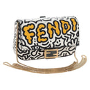 FENDI Mr.Doodle Nano Bucket Pouch Leather White Gold Tone 7AR844 Auth 210507M-1