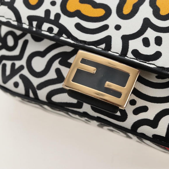 FENDI Mr.Doodle Nano Bucket Pouch Leather White Gold Tone 7AR844 Auth 210507M
