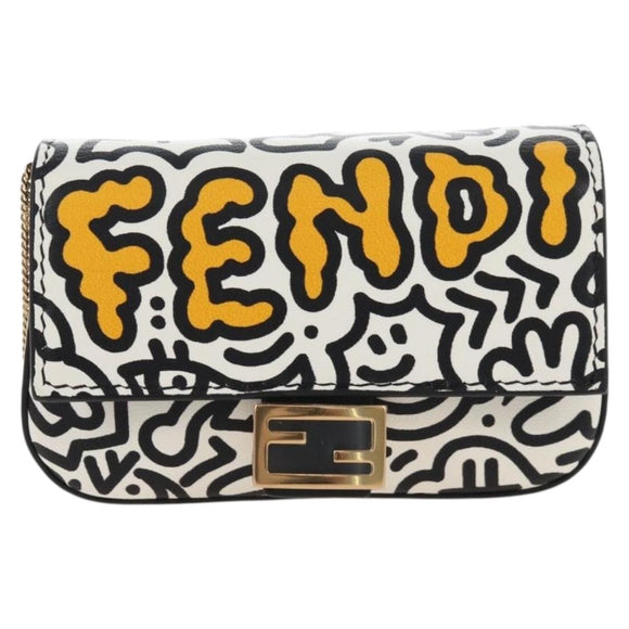 FENDI Mr.Doodle Nano Bucket Pouch Leather White Gold Tone 7AR844 Auth 210507M