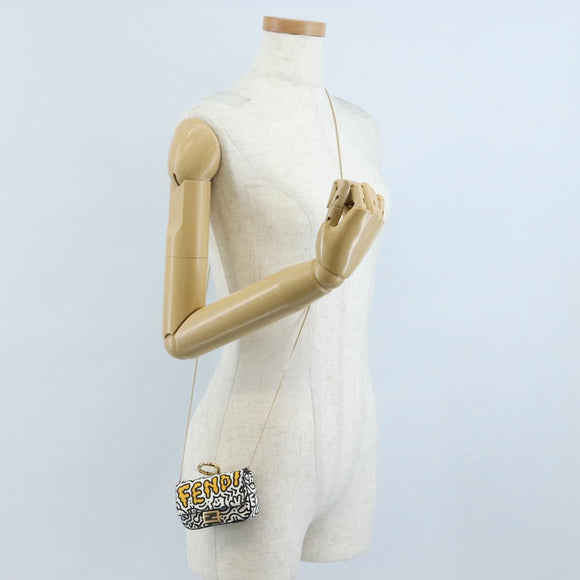 FENDI Mr.Doodle Nano Bucket Pouch Leather White Gold Tone 7AR844 Auth 210507M