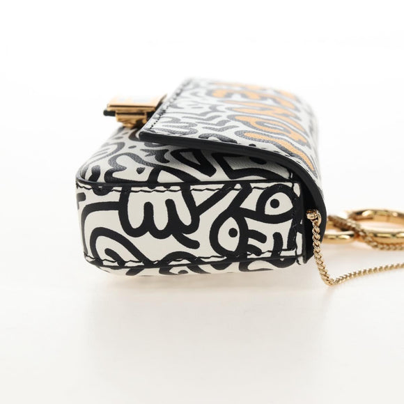 FENDI Mr.Doodle Nano Bucket Pouch Leather White Gold Tone 7AR844 Auth 210507M