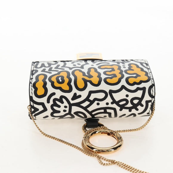 FENDI Mr.Doodle Nano Bucket Pouch Leather White Gold Tone 7AR844 Auth 210507M