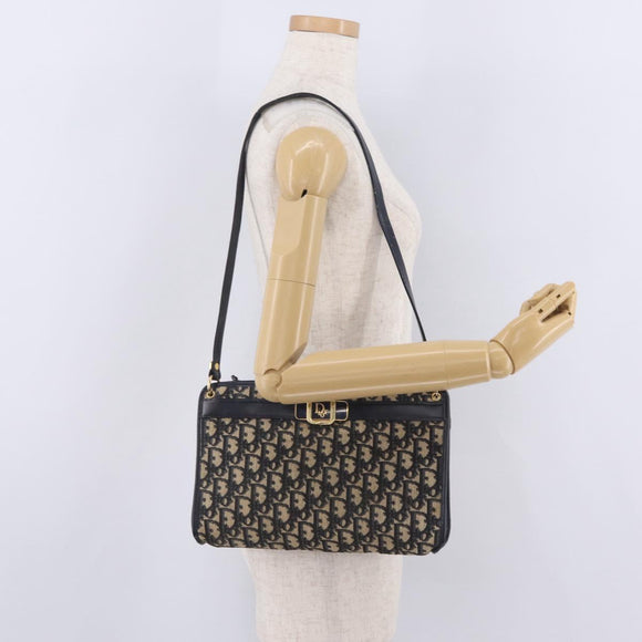 Christian Dior Trotter Canvas Shoulder Bag Navy Gold Auth 210509