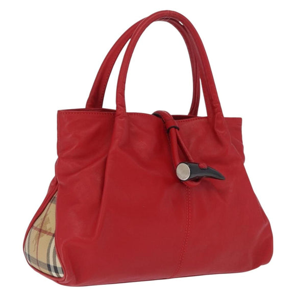 BURBERRY Nova Check Hand Bag Leather Red Auth 210518