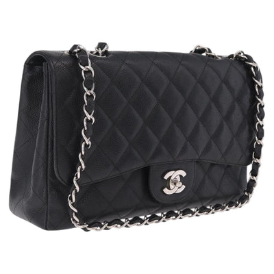 CHANEL Chain Matelasse 30 Bag Caviar Skin Black Silver CC Auth 210527SAV