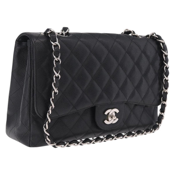 CHANEL Chain Matelasse 30 Bag Caviar Skin Black Silver CC Auth 210527SAV