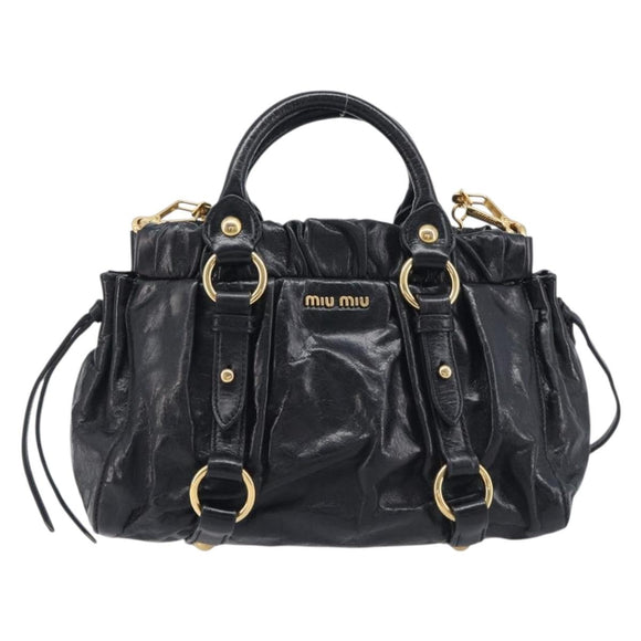 Miu Miu Hand Bag Vittero Dino Leather 2way Black Gold Auth 210529V