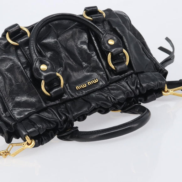 Miu Miu Hand Bag Vittero Dino Leather 2way Black Gold Auth 210529V