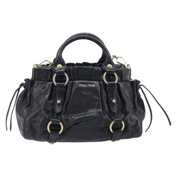 Miu Miu Hand Bag Vittero Dino Leather 2way Black Gold Auth 210530V