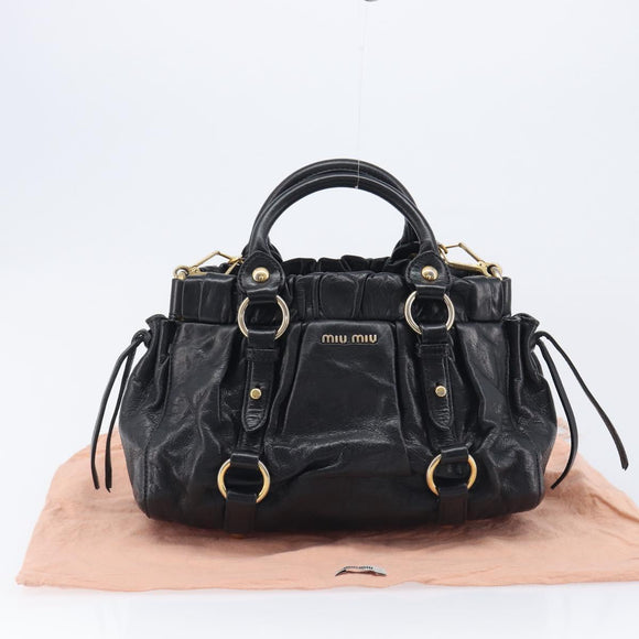 Miu Miu Hand Bag Vittero Dino Leather 2way Black Gold Auth 210530V