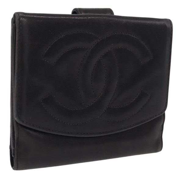 CHANEL COCO Mark Wallet Leather Black Gold CC Auth 210616