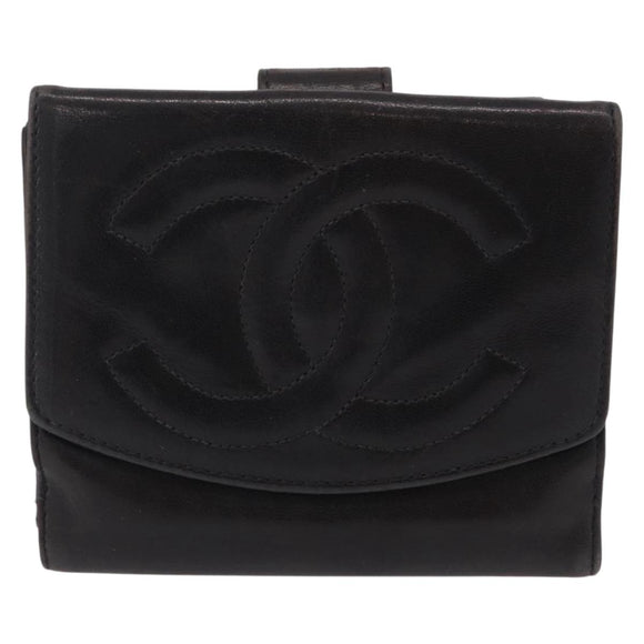 CHANEL COCO Mark Wallet Leather Black Gold CC Auth 210616