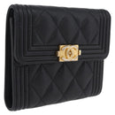 CHANEL Boy Chanel Matelasse Compact Wallet Caviar Skin Black CC Auth 210618M-1