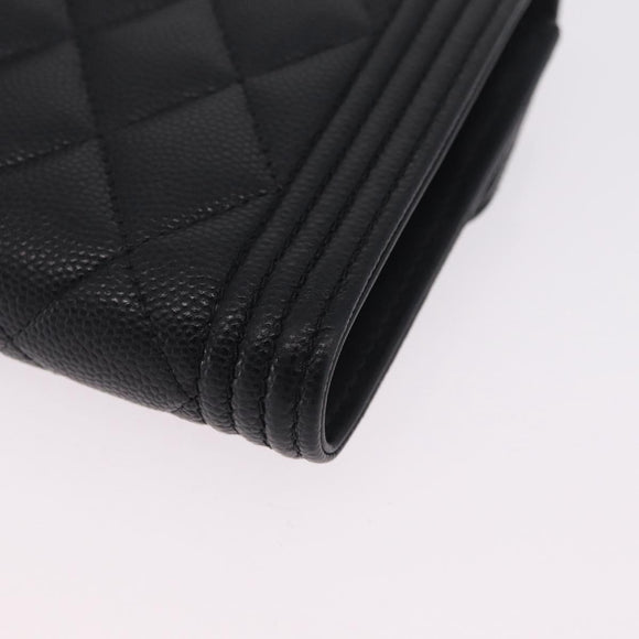 CHANEL Boy Chanel Matelasse Compact Wallet Caviar Skin Black CC Auth 210618M