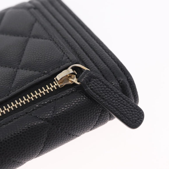 CHANEL Boy Chanel Matelasse Compact Wallet Caviar Skin Black CC Auth 210618M