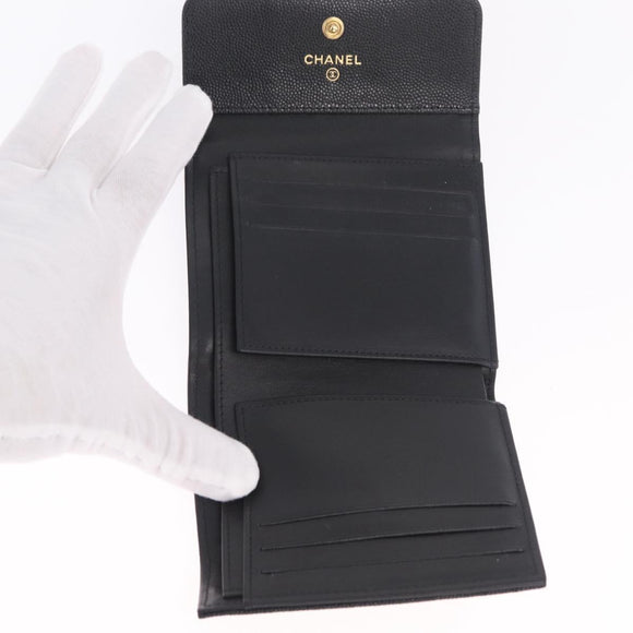 CHANEL Boy Chanel Matelasse Compact Wallet Caviar Skin Black CC Auth 210618M