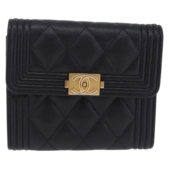 CHANEL Boy Chanel Matelasse Compact Wallet Caviar Skin Black CC Auth 210618M