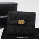 CHANEL Boy Chanel Matelasse Compact Wallet Caviar Skin Black CC Auth 210618M-12