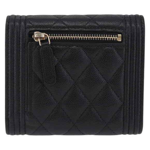 CHANEL Boy Chanel Matelasse Compact Wallet Caviar Skin Black CC Auth 210618M