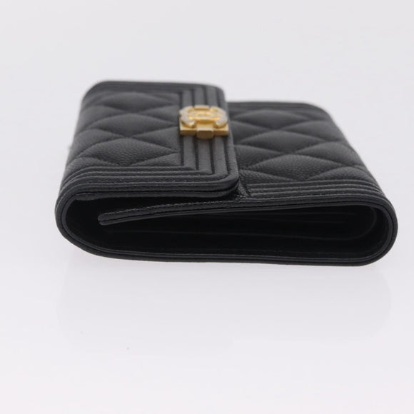 CHANEL Boy Chanel Matelasse Compact Wallet Caviar Skin Black CC Auth 210618M