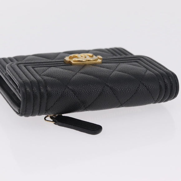 CHANEL Boy Chanel Matelasse Compact Wallet Caviar Skin Black CC Auth 210618M