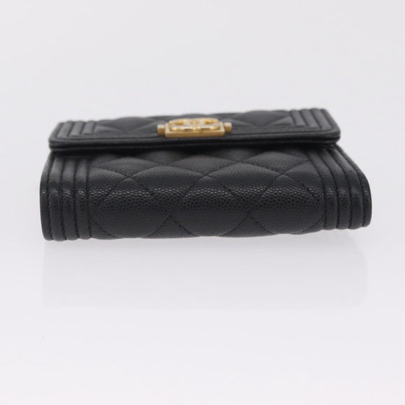 CHANEL Boy Chanel Matelasse Compact Wallet Caviar Skin Black CC Auth 210618M