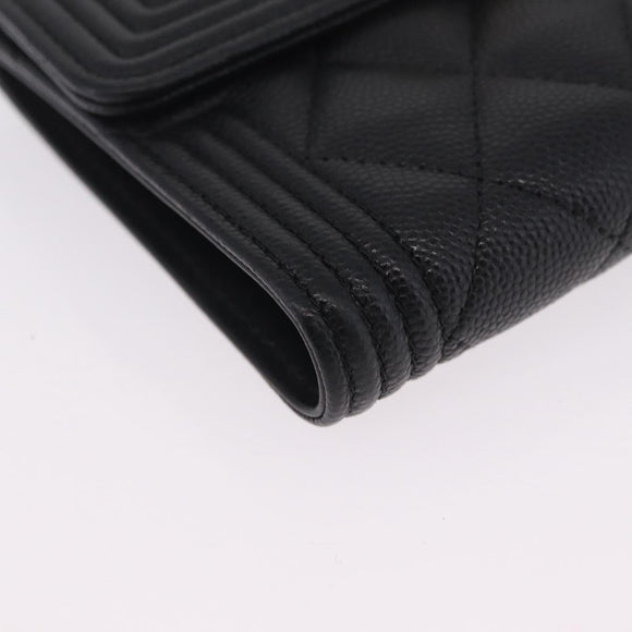 CHANEL Boy Chanel Matelasse Compact Wallet Caviar Skin Black CC Auth 210618M