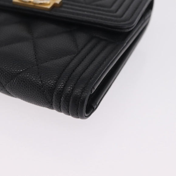 CHANEL Boy Chanel Matelasse Compact Wallet Caviar Skin Black CC Auth 210618M