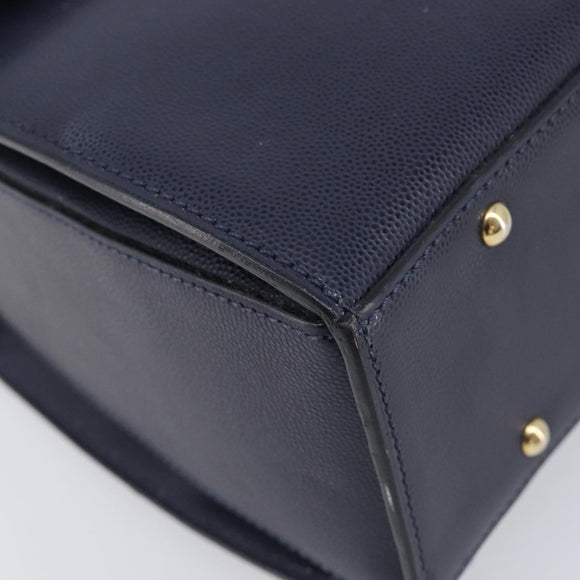 CELINE Hand Bag Leather Navy Gold Auth 210630