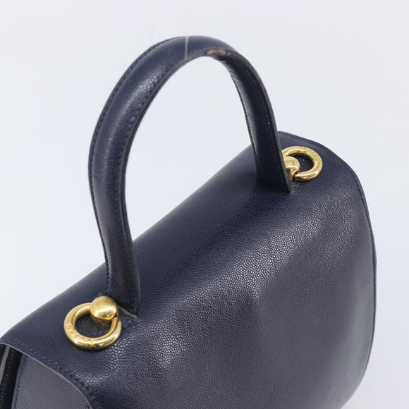 CELINE Hand Bag Leather Navy Gold Auth 210630
