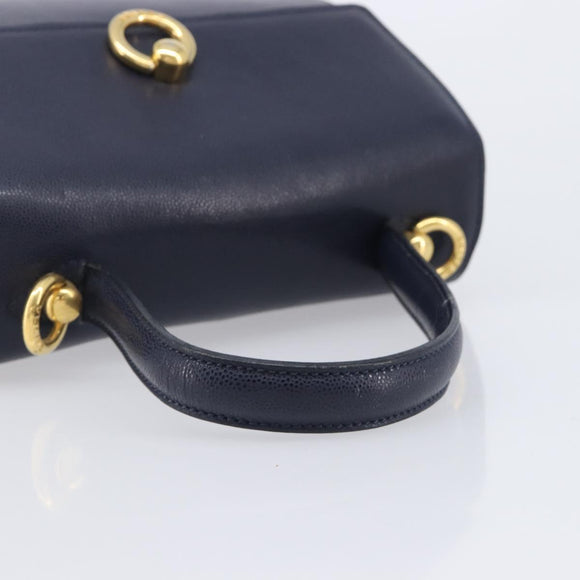CELINE Hand Bag Leather Navy Gold Auth 210630