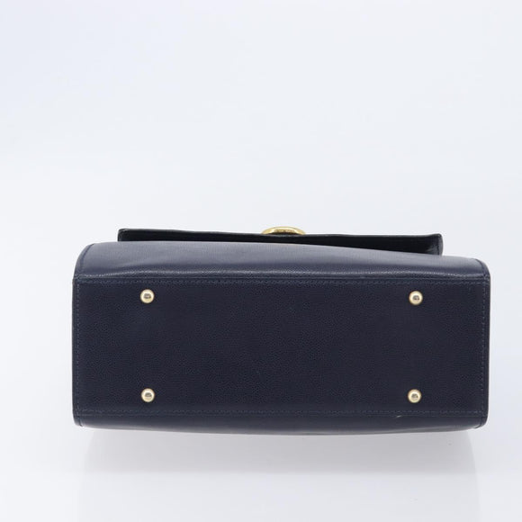 CELINE Hand Bag Leather Navy Gold Auth 210630