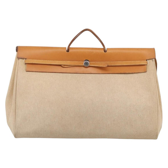HERMES Herbag TGM Hand Bag Canvas 2way Beige Silver Auth 210637