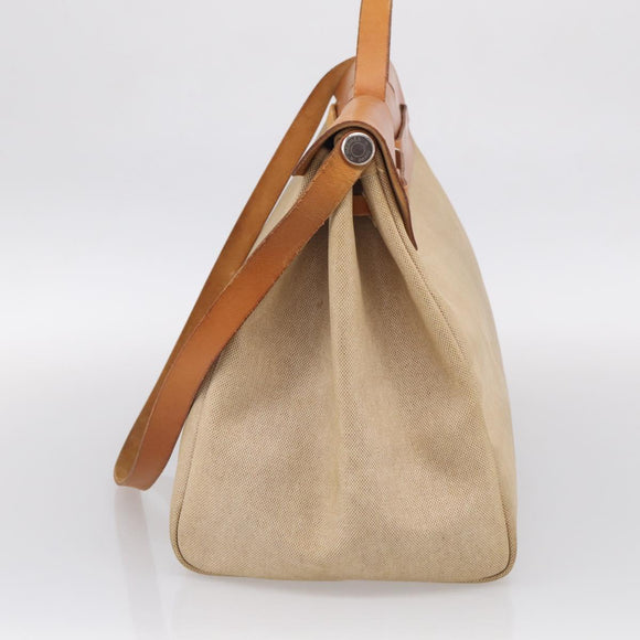 HERMES Herbag TGM Hand Bag Canvas 2way Beige Silver Auth 210637