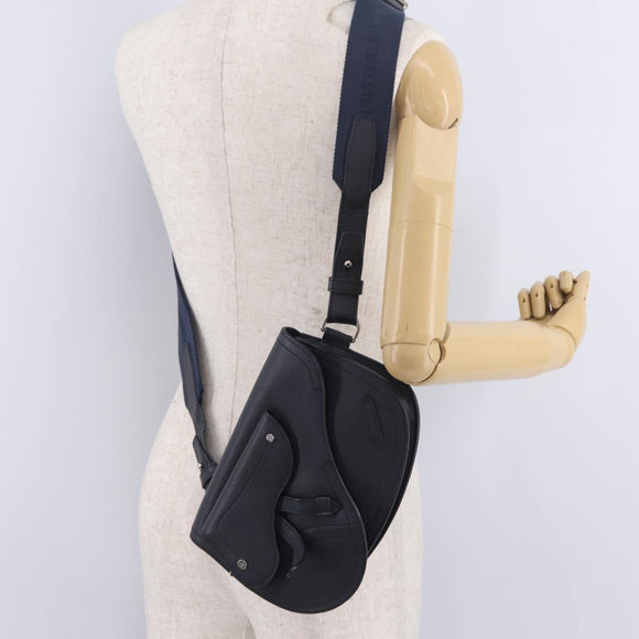 Christian Dior Saddle Messenger Shoulder Bag Leather Navy Silver Auth 210641V