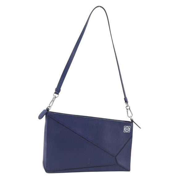 LOEWE Puzzle Pouch Shoulder Bag Leather Navy Silver Auth 210654V