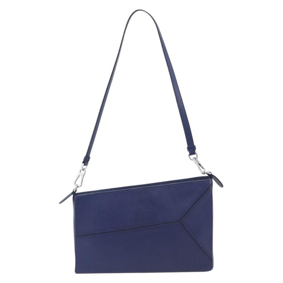 LOEWE Puzzle Pouch Shoulder Bag Leather Navy Silver Auth 210654V