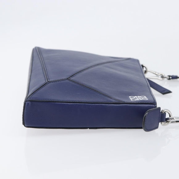 LOEWE Puzzle Pouch Shoulder Bag Leather Navy Silver Auth 210654V