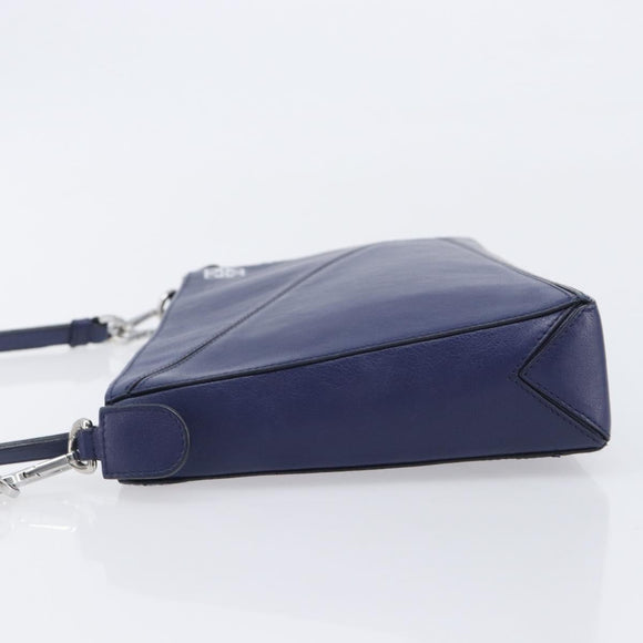 LOEWE Puzzle Pouch Shoulder Bag Leather Navy Silver Auth 210654V