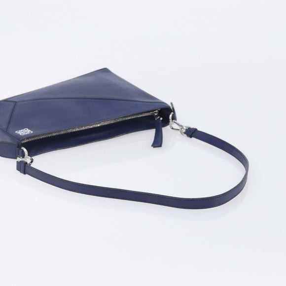 LOEWE Puzzle Pouch Shoulder Bag Leather Navy Silver Auth 210654V