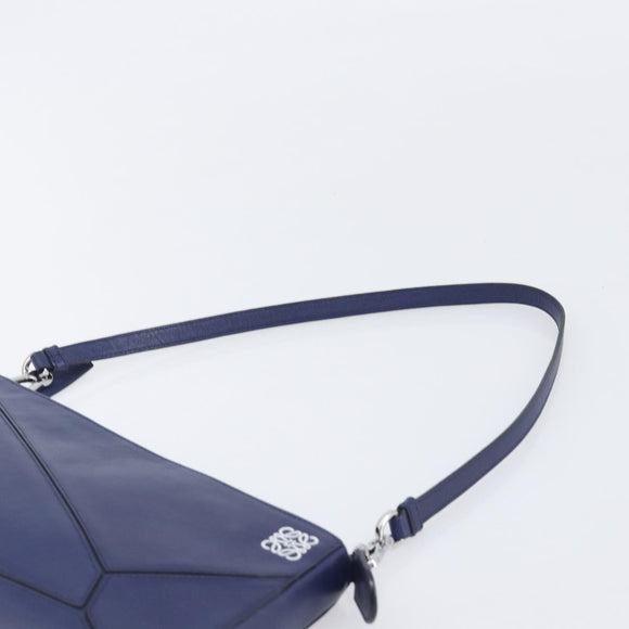 LOEWE Puzzle Pouch Shoulder Bag Leather Navy Silver Auth 210654V