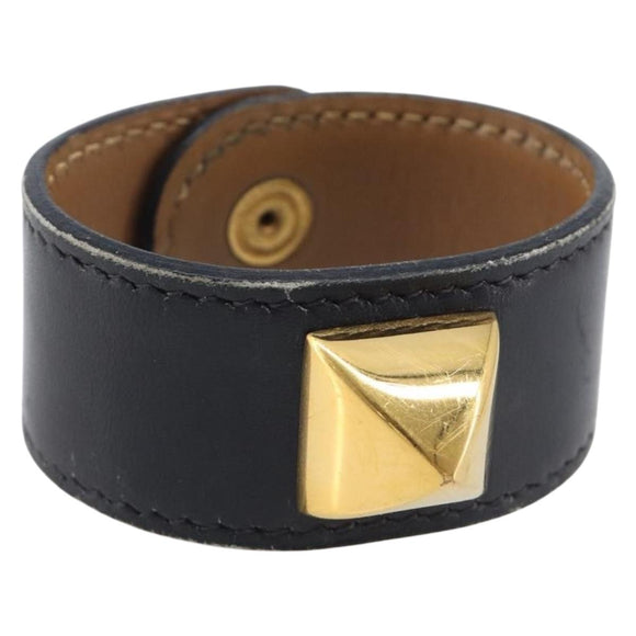 HERMES Medor Bracelet Leather Black Gold Auth 210660
