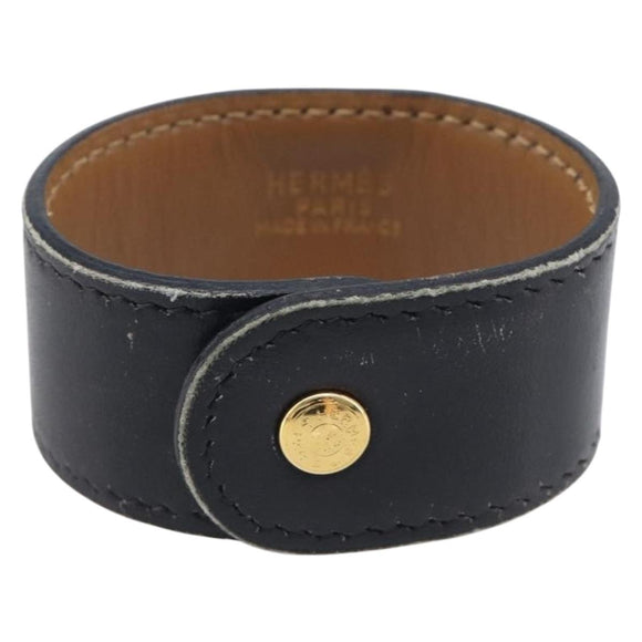 HERMES Medor Bracelet Leather Black Gold Auth 210660