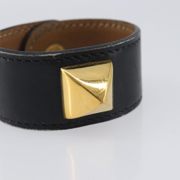 HERMES Medor Bracelet Leather Black Gold Auth 210660