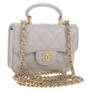 CHANEL Matelasse Chain Shoulder Pouch Lamb Skin 2way Gray Gold CC Auth 210693M-1