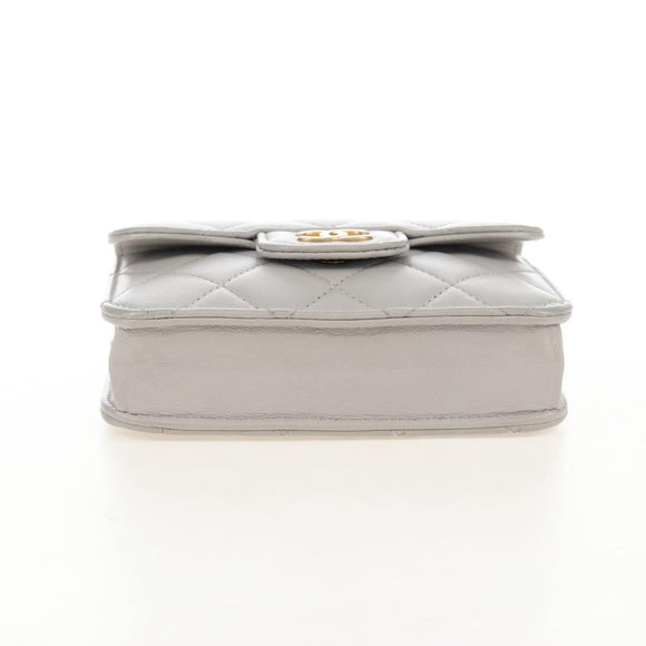 CHANEL Matelasse Chain Shoulder Pouch Lamb Skin 2way Gray Gold CC Auth 210693M