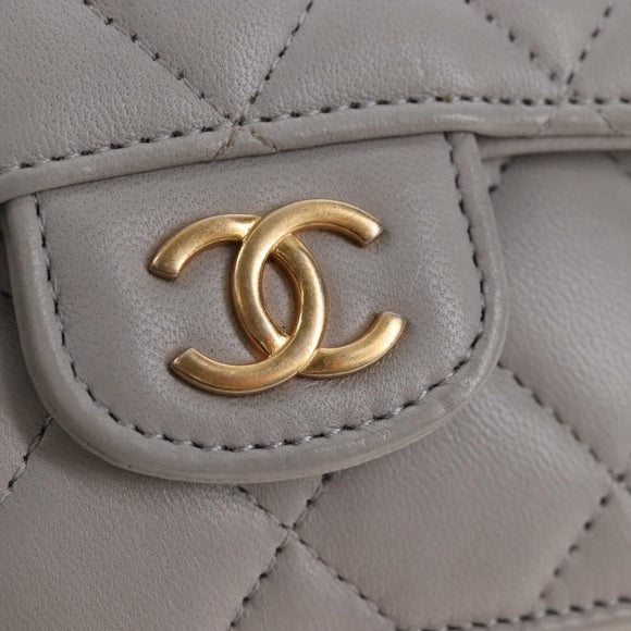 CHANEL Matelasse Chain Shoulder Pouch Lamb Skin 2way Gray Gold CC Auth 210693M
