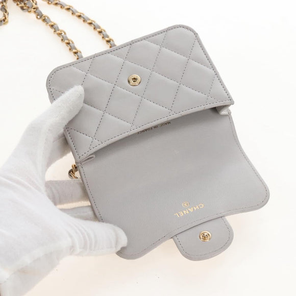 CHANEL Matelasse Chain Shoulder Pouch Lamb Skin 2way Gray Gold CC Auth 210693M