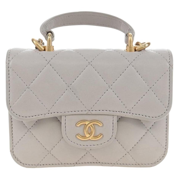CHANEL Matelasse Chain Shoulder Pouch Lamb Skin 2way Gray Gold CC Auth 210693M